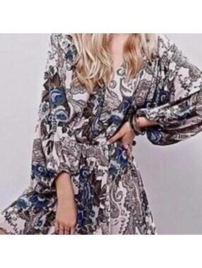 Free People High Plains boho mini dress paisley floral print and balloon sleeves